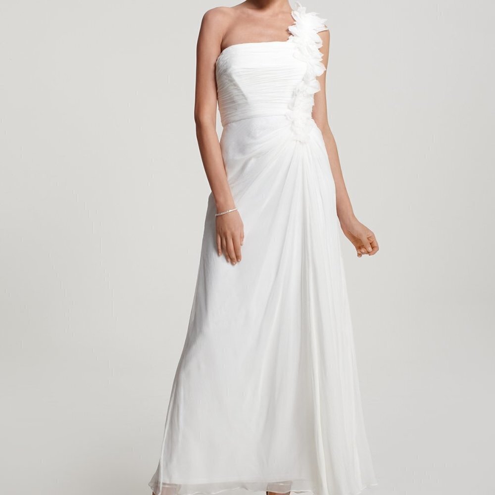 Tadashi Shoji Wedding One Shoulder Rosette Dress Event White Party Chiffon